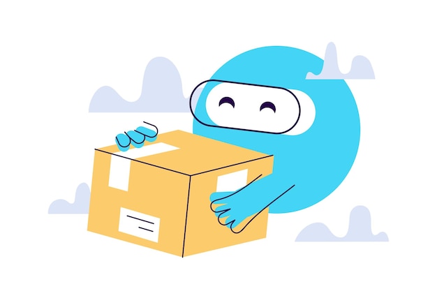 Servizio di consegna simpatico robot in possesso di una scatola di cartone nuove tecnologie
