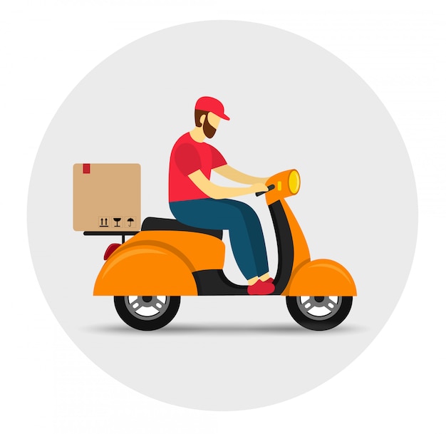 Delivery service. deliveryman on scooter. flat style.