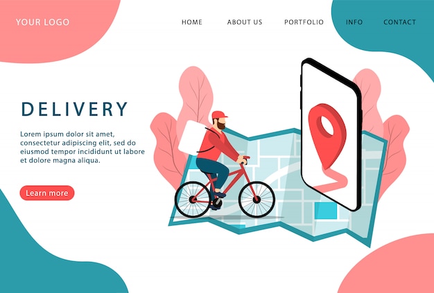 配達サービス。速達便。自転車の配達員。ランディングページ。最新のウェブページ。