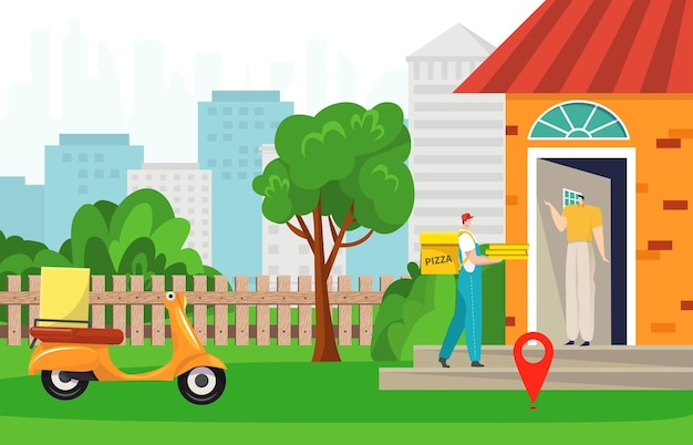 Delivery service to home courier with order vector illustration man deliver character bring pizza boxes to customer house location icon near door