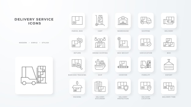 Delivery service icon set with black outline style Shipping sign symbol Related to order tracking delivery home warehouse truck scooter courier and cargo icons Vector illustration