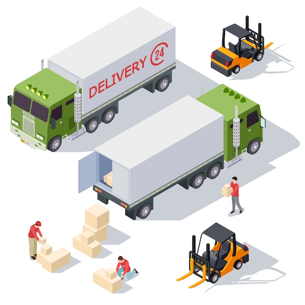 Delivery service isometric  elements collection with delivery truck, boxes and delivery men