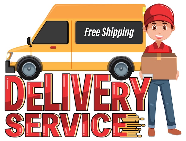 Delivery Service logo banner with courier cartoon character