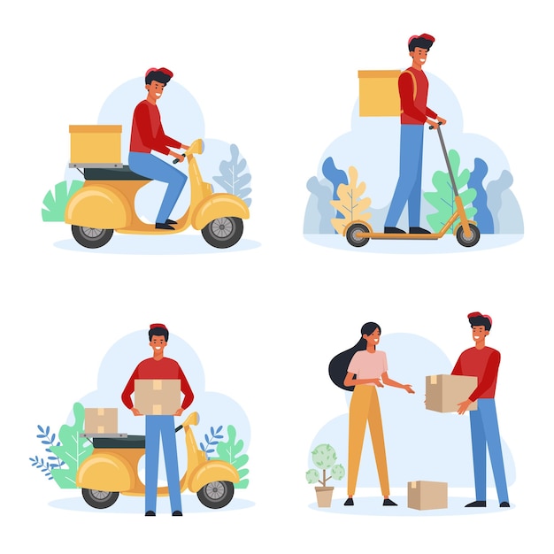 Delivery service male courier flat illustration set