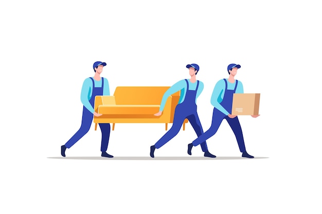 Vector delivery service and moving. men in uniform carrying sofa and cardboard box.