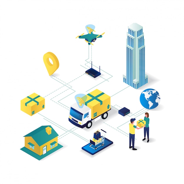 Delivery service network flat 3d isometric illustration