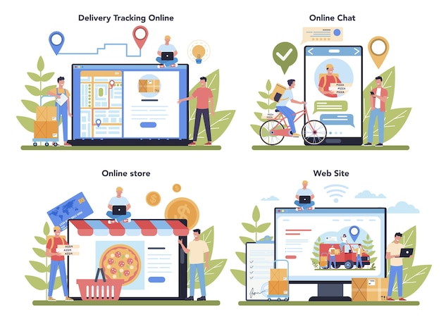 配送サービスのオンラインサービスまたはプラットフォームセット。トラックからの箱と制服を着た宅配便。ロジスティックの概念を表現します。オンライン追跡、チャット、ウェブサイト、ショップ。漫画スタイルのベクトルイラスト