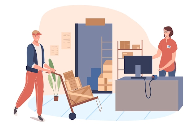 Delivery service web concept. Woman and man work in warehouse. Loader carry parcels. Operator processes orders on computer