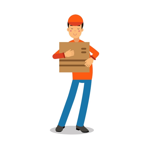 Работник службы доставки держит картонную коробку, курьер в униформе на работе мультипликационный персонаж векторные иллюстрации, изолированные на белом фоне