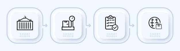 Значок набора доставки грузовые весы отчетные документы гарантируют утвержденную коробку упаковки по всему миру планета логистика концепция неоморфизма стиль значок векторной линии для бизнеса и рекламы