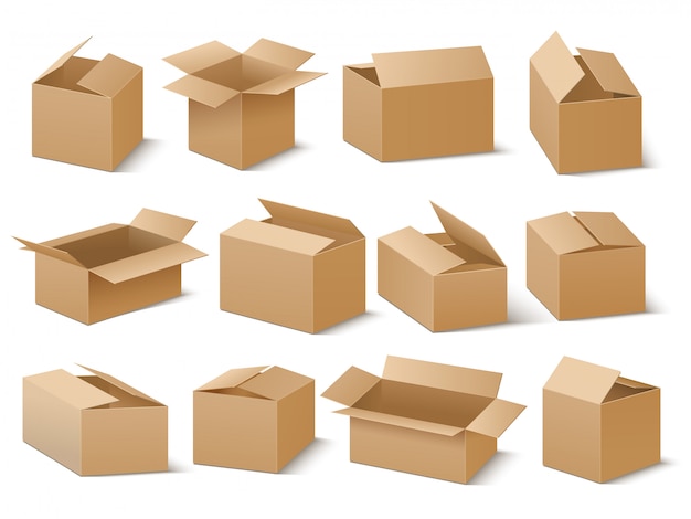 Доставка и доставка картонной упаковки. Коричневый картонные коробки Векторный набор