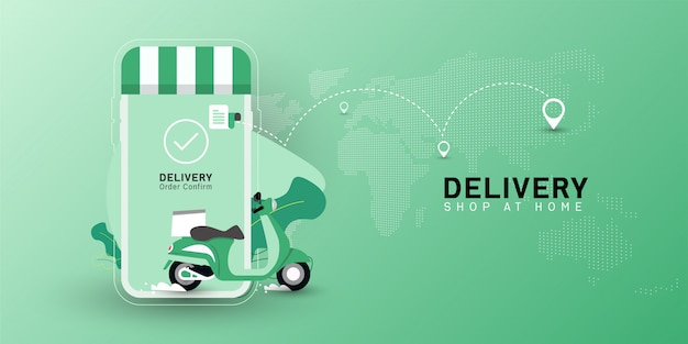 Delivery Shop at home with motorcycle transport on mobile.