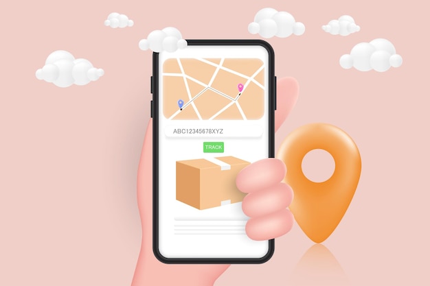 Delivery tracking concept Smartphone with parcel box and map pointer 3d icon vector Online shopping