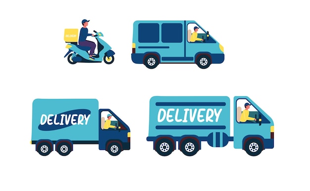 Delivery transport motorcycle with driver car and two large delivery vehicles