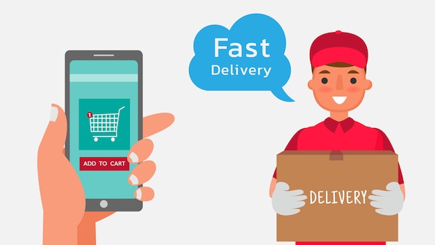 Delivery transportation business by ordering via mobile phone, phone cartoon character illustration.