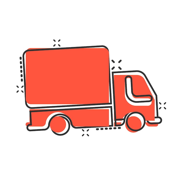 Икона грузовика в комическом стиле Карикатурная векторная иллюстрация на белом изолированном фоне Бизнес-концепция с эффектом брызги грузового автомобиля