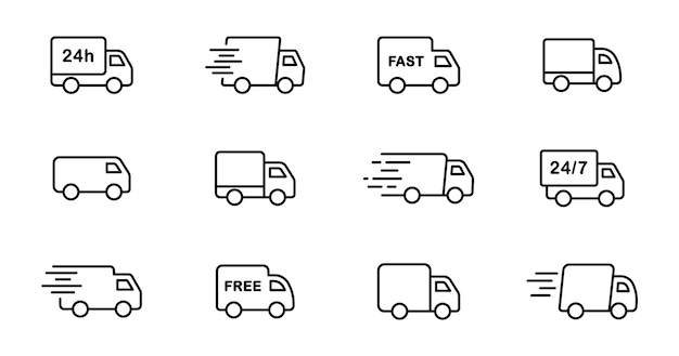 Vettore set di icone della linea dei camion di consegna icone dei camion di consegna express