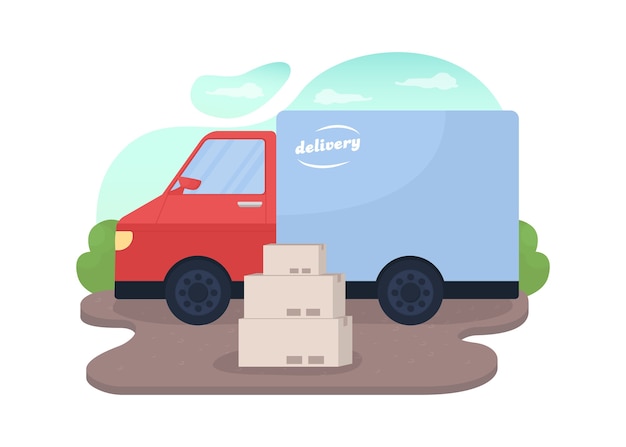 Vector delivery truck and package boxes of parcels near van shipment flat illustration on cartoon  shipping services