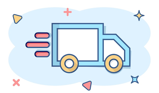 Иконка знака грузовика доставки в комическом стиле векторная иллюстрация фургона на белом изолированном фоне