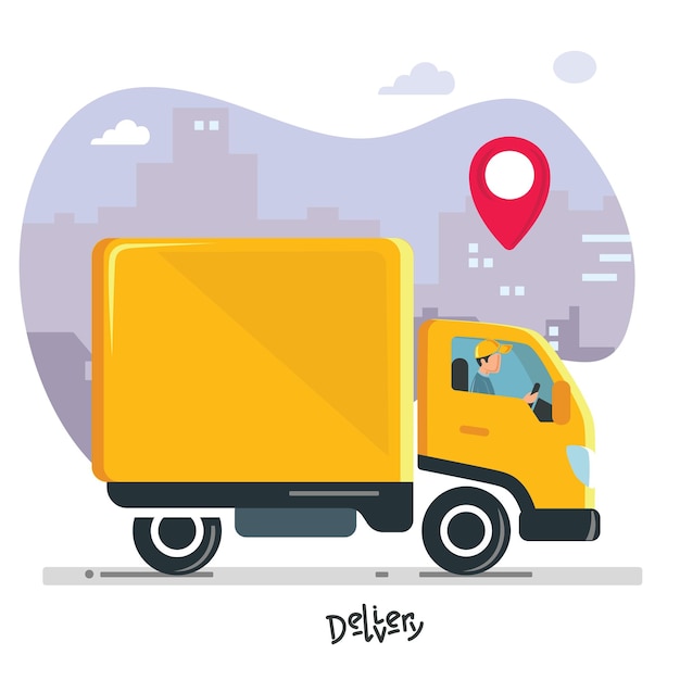 Delivery truck van with courier on city background. Vector illustration of yellow truck delivery.