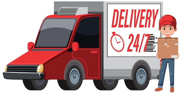 Vector delivery truck with delivery 24/7 banner