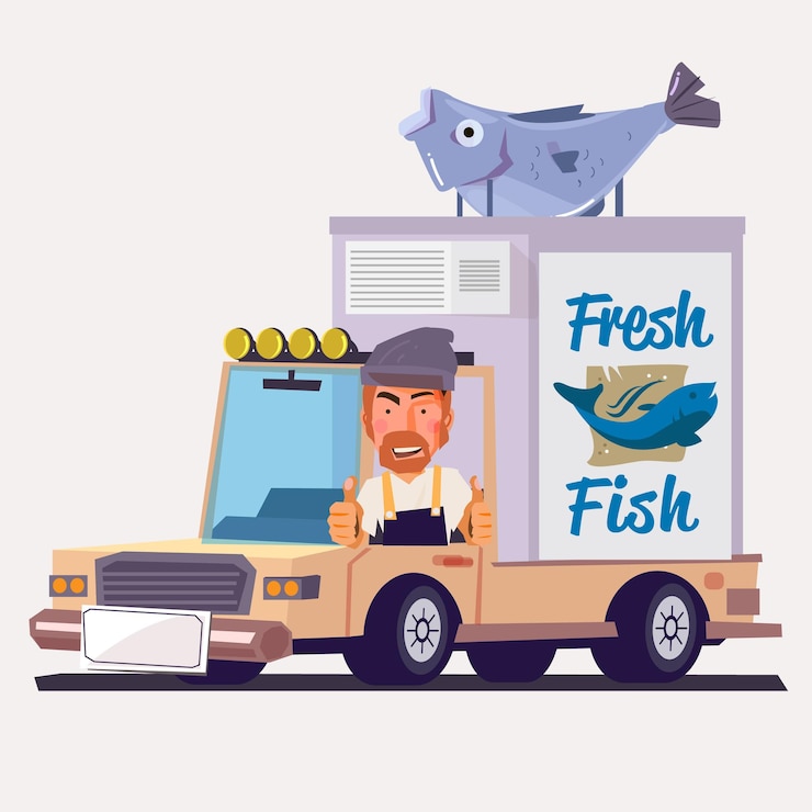 Vector delivery truck with fresh raw fish, seafood production