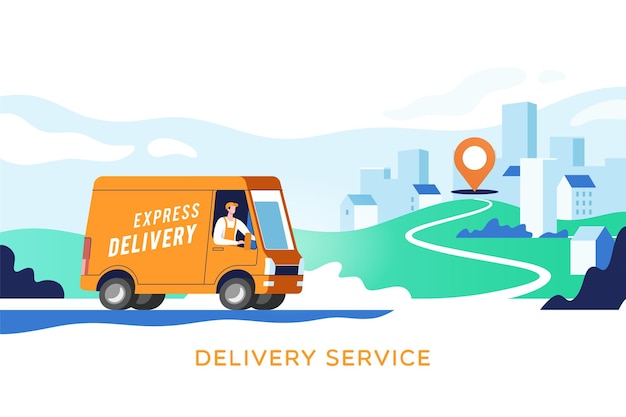 Delivery truck with man is carrying parcels on points. Concept online map, tracking, service. 