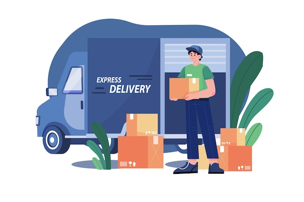 Delivery truck with man is carrying parcels on points