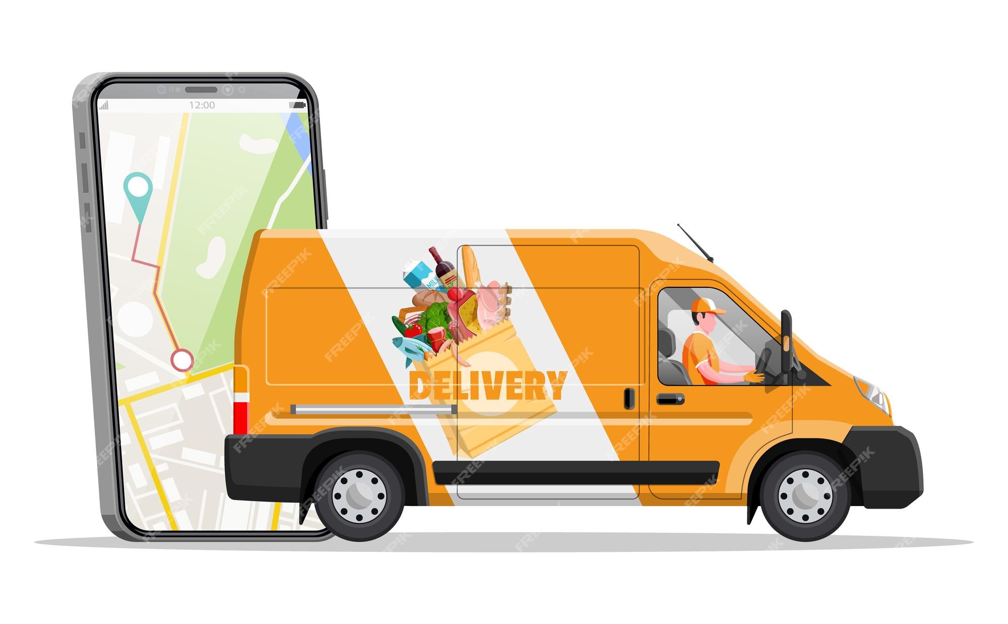 Premium Vector | Delivery van full of food and smartphone concept of fast  grocery delivery service supermarket cafe restaurant groceries products  bread meat milk fruit vegetable drinks flat vector illustration