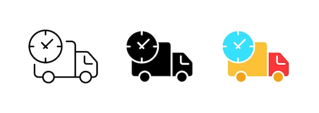 A delivery van with a clock symbol indicating a timesensitive or scheduled delivery service Vector set of icons in line black and colorful styles isolated