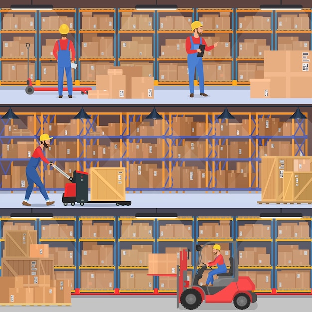 Delivery, warehouse, freight transportation company interior. warehouse or factory workers with load equipment