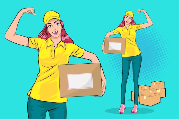 ベクトル 大きな小包ボックスと強力なアクションポップアートコミックスタイルを運ぶ配達の女性