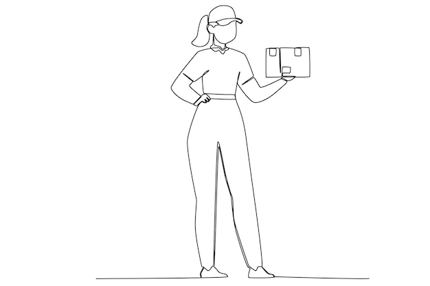 A delivery woman standing while holding a package one line art