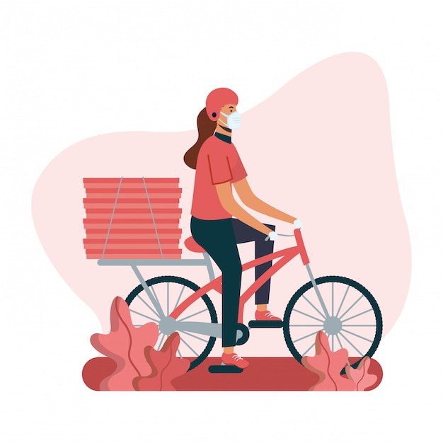 Delivery woman with mask bike and boxes  design