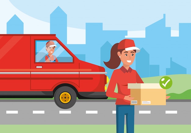 Vector delivery woman with package and man in the van transport