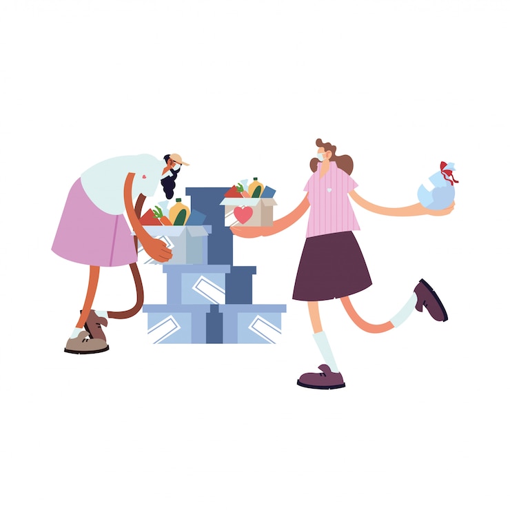 Vector delivery women on the way to the customer with face mask