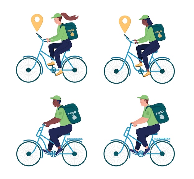 Delivery worker on bicycle semi flat color vector character set