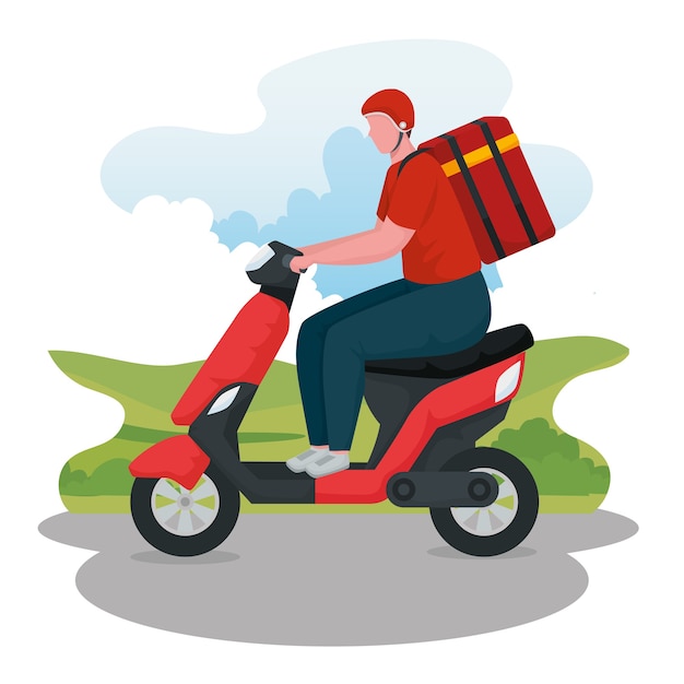 delivery worker in motorcycle character in the landscape