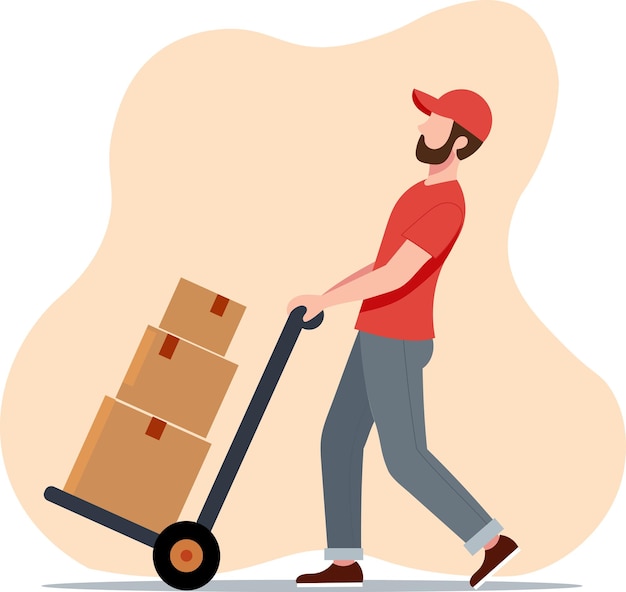 delivery worker pushing hand truck with cardboard boxes flat vector illustration