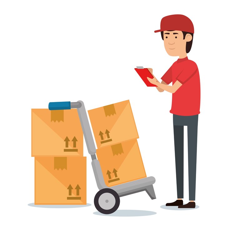 Vector delivery worker with cart boxes