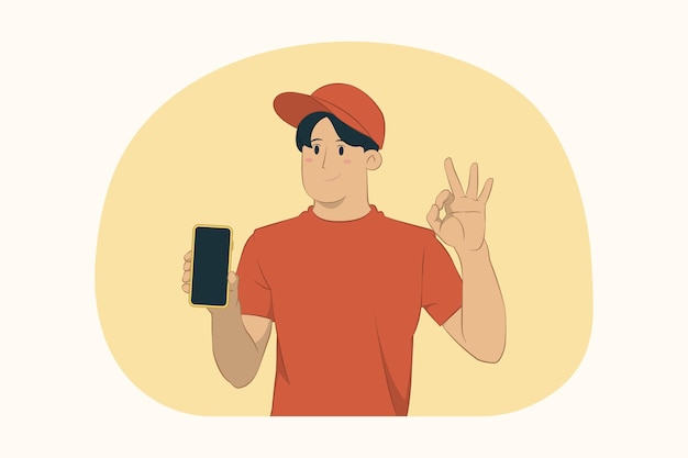 Delivery young man hold cellphone show ok gesture