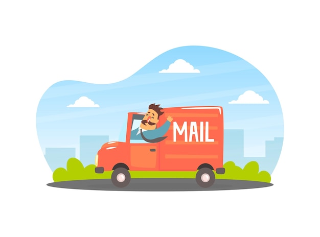 Deliveryman delivering parcels and letters at post office cargo vehicle vector illustration