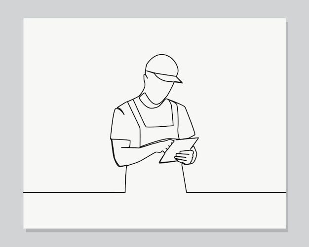 Deliveryman holding tablet list data continuous one line illustration