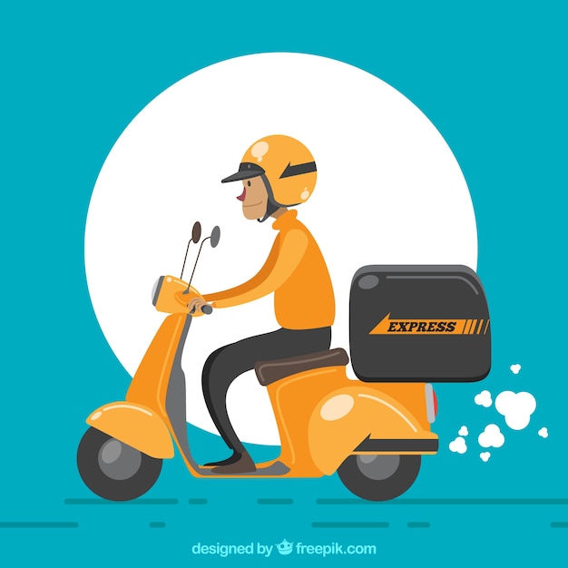 Deliveryman met helm en retro scooter