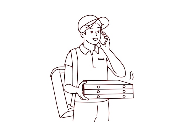 Deliveryman with pizza boxes calling client