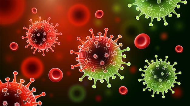 Delta Coronavirus mutation COVID19 Variant background with virus cells and red blood cell