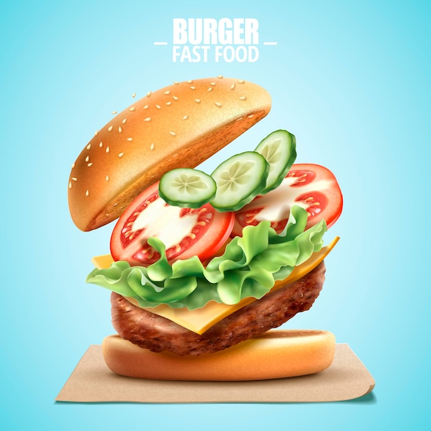 Deluxe king size burger with tasty toppings in 3d illustration, fast food design element on blue