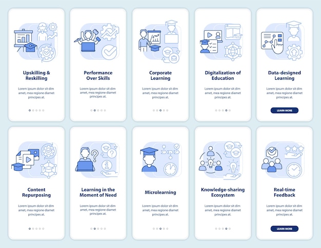 Vector in demand competencies light blue onboarding mobile app screen set