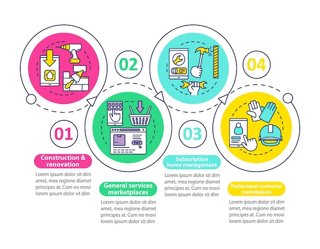 On demand construction vector infographic template. business presentation design elements. data visualization with four steps and options. process timeline chart. workflow layout with linear icons