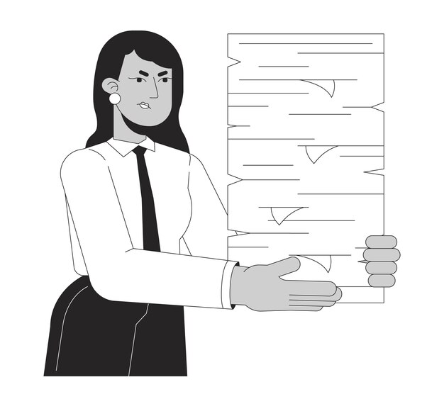 Вектор Требовательный босс делегирует больше задач черно-белый 2d линейный мультфильмный персонаж раздраженная индийская женщина-менеджер изолированный векторный контур человек, держащий бумаги куча одноцветная плоская иллюстрация